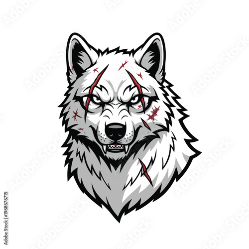 Close-up illustration of a fierce white wolf's head with aggressive expression, showing bloody scars and teeth, conveying a wild, dangerous, and aggressive mood against a stark white