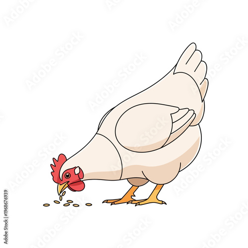 Cartoon White Hen Pecking Seeds Isolated on White Background