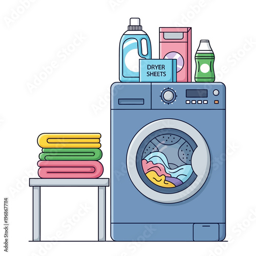 Laundry room illustration with washing machine, clean folded towels, and detergent products.