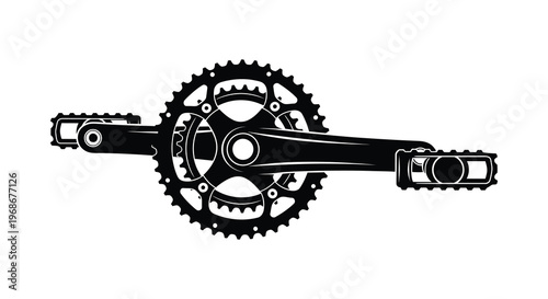 A detailed black silhouette of bicycle components including the crankset chainrings and pedals isolated on white background silhouette high quality professional