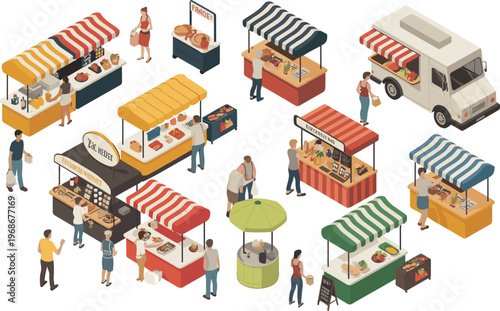 Isometric farmers market with food stalls trucks and shoppers vector illustration set
