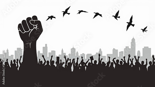 Protest, Revolution, Fist Raised, City Skyline, Black Silhouette, Crowd, Freedom, Activism Vector