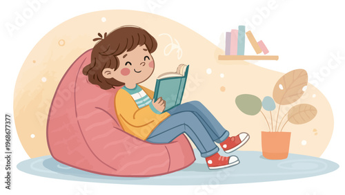 Happy child sitting on pink bean bag chair reading book indoors with plant and shelf