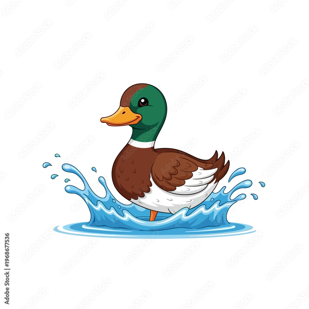 Obraz premium Cute cartoon mallard duck splashing in blue water, isolated on white background