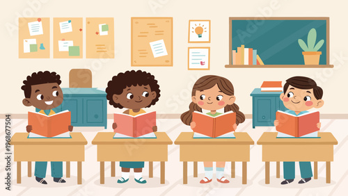 Diverse kids reading books sitting at desks in a classroom with a blackboard and bulletin boards