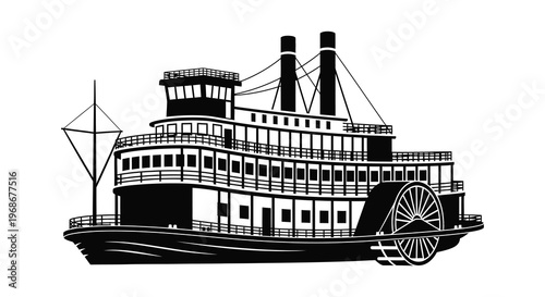 A detailed black and white illustration of a classic paddle steamer showcasing its intricate design as a silhouette high quality professional