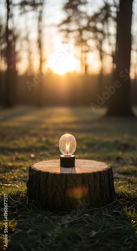 Illuminated bulb on a tree stump in the forest at sunset.
