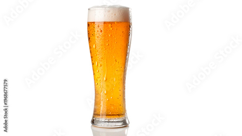 Tableau sur toile Cold beer served in a tall glass with foam on top isolated on transparent backgr