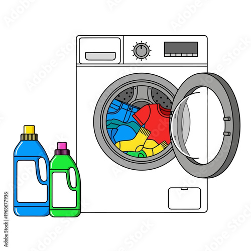 Washing machine with laundry detergent bottles and colorful clothes inside.