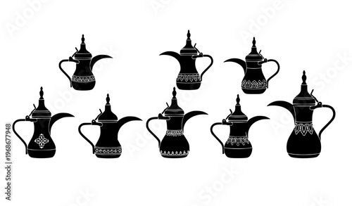 A set of traditional Arabic coffee pots in a minimalist vector design