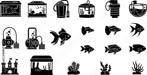 Aquarium equipment and tropical fish collection with water filters tanks goldfish angelfish castle decoration seaweed plants and aquatic life silhouettes isolated flat vector illustration