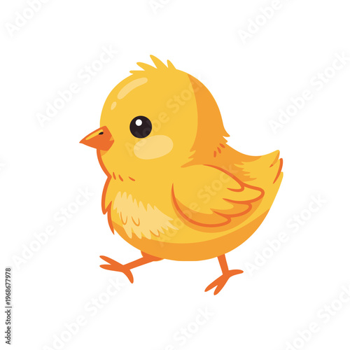 Cute Yellow Chick Walking, Cartoon Style, Isolated on White Background