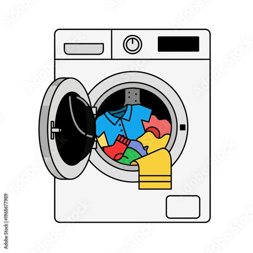 Washing Machine with Open Door Full of Colorful Laundry