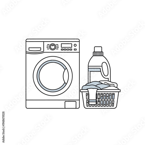 Washing machine, laundry basket with clothes, and detergent bottle - line art icon