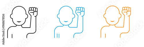 Colorful line icons of people with raised fists in black, Blue, And orange, Symbolizing solidarity and support