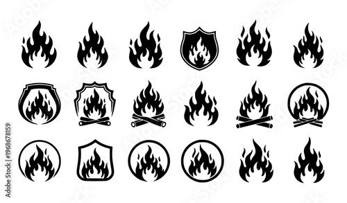 A set of black flame icons and shields in various designs