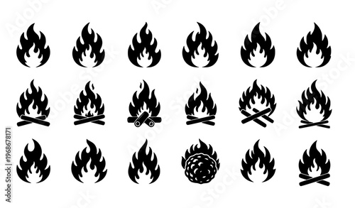 A set of black flame icons on a white background