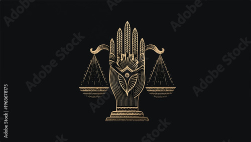Golden scales of justice, law and order symbol, hand holding balance, justice palm, gold icon