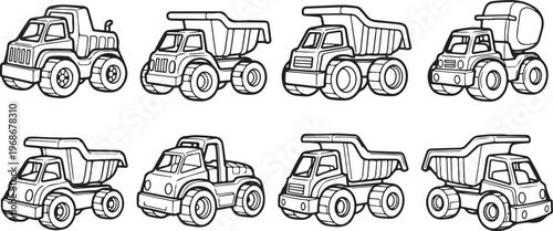 A collection of eight vintage pickup trucks lined up side by side Vector