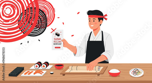 Japanese Chef Rolling Sushi With Bamboo Mat, Asian Cuisine Food Preparation