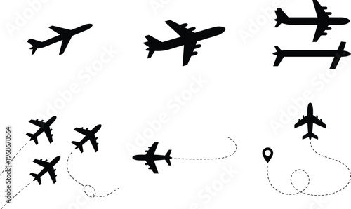 Airplane travel icon set with aircraft silhouettes flight paths route navigation and aviation symbols for transportation journey and tourism vector collection