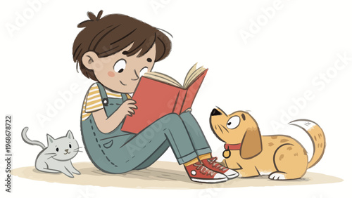 Child sitting with pet dog and cat reading a book together on floor