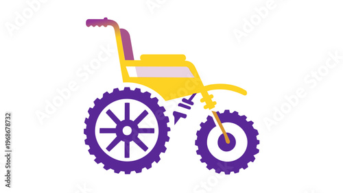 Vibrant purple and yellow gradient vector illustration of an off-road wheelchair icon, featuring large knobby tires and suspension for outdoor accessibility and mobility, AI-generated flat design.