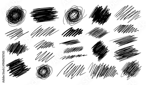 A set of black scribble strokes and swirls on a white background