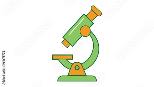Flat vector illustration of a green and orange microscope icon for medical research, laboratory science, and healthcare education, scalable minimalist design for web and graphic projects.