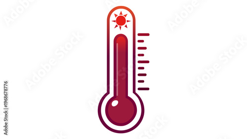 High temperature thermometer vector icon illustration with sun symbol and red gradient. Professional minimalist flat design for medical fever, summer heatwave, or climate change concepts.