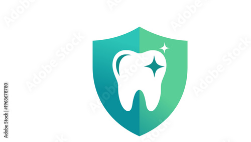 Dental protection vector icon illustration featuring a clean white tooth with sparkles inside a teal and green shield, symbolizing oral health, hygiene, and professional dentistry services.