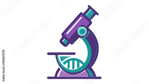 Modern flat vector illustration of a microscope icon in purple and teal, ideal for scientific research, laboratory equipment, medical healthcare, biology education, and biotechnology concepts.
