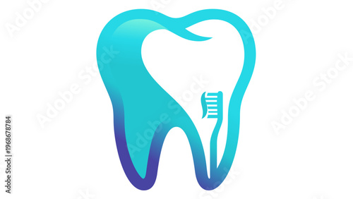 Dental care vector icon illustration featuring a stylized blue gradient tooth with a toothbrush silhouette inside. Professional graphic for dentist logos, oral hygiene, and healthcare branding.