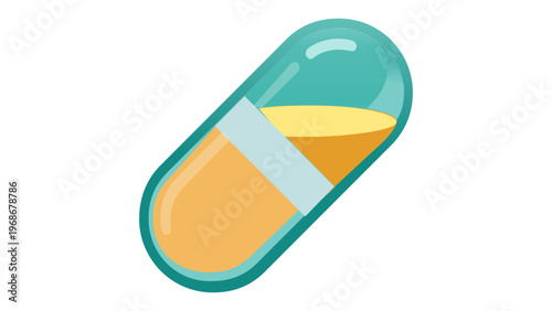 Medical capsule pill vector illustration icon for healthcare, pharmacy, and medicine concepts. Flat minimalist design of a teal and yellow drug tablet isolated on a white background.