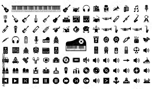 A collection of black and white music icons and symbols on a white background