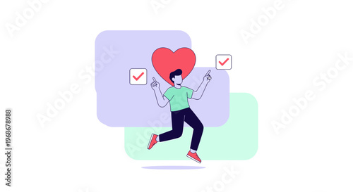 Joyful person with heart and checkmarks, celebrating good choices and positive emotions