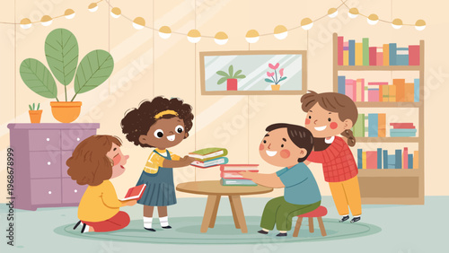 Diverse kids exchanging books in a cozy library setting with bookshelves and plants