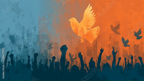 Peaceful protest, dove flying over crowd, freedom, activism, social movement
