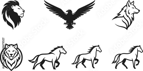 Majestic wildlife collection featuring powerful lion head silhouette, soaring eagle with spread wings, noble wolf profile, and spirited galloping horses in flat vector style.