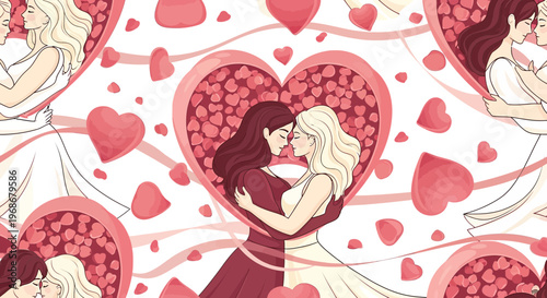 LGBTQ+ Couple Embracing: Love, Romance, and Unity in Heart Shapes