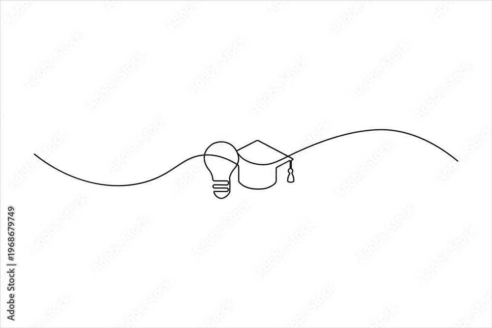 Fototapeta premium Minimalist continuous one-line drawing of a graduation cap and light bulb, representing the fusion of education, knowledge, and creative ideas.