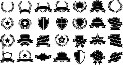 Premium collection of black heraldic shield silhouettes featuring laurel wreaths ribbons and stars isolated on white background for crest emblems awards trophy designs and sports badges.