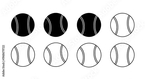 Tennis balls set with black and white colors and curved lines featuring sports, ball, collection with vector and icon elements for outline, simple