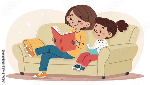 Two sisters reading books together on a cozy couch at home enjoying quality sibling time