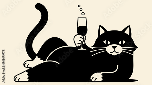 A black cat lying down in a relaxed pose and holding a glass of wine with a minimalist design