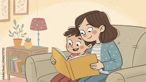 Mother and child sitting on couch reading book together in living room with warm lighting
