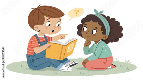Two kids reading together and discussing a book on green grass outdoors