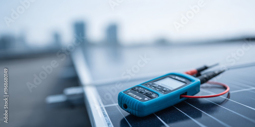 Digital multimeter on solar panel surface