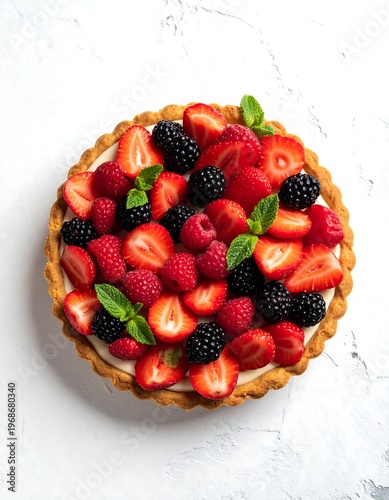A vibrant, overhead shot presents a fruit tart. Strawberries, raspberries, blackberries, and mint leaves adorn the cream filling. Golden, flaky crust