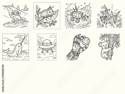 Whimsical black and white coloring page set showing penguin ladybug rover ship narwhal ufo robot hand and koala bear